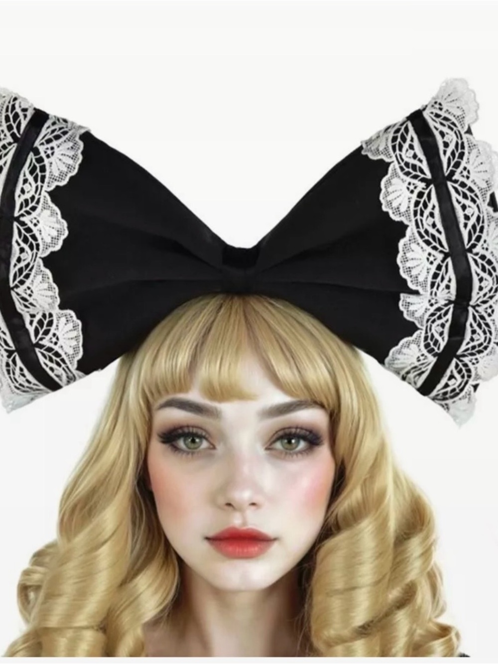 large black fabric bow headband trimmed with white lace
